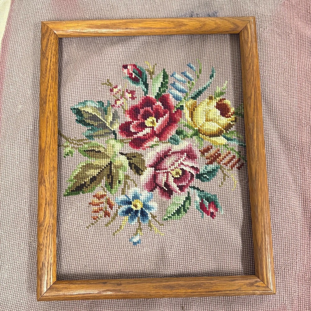 Vintage needlepoint tapestry floral decor